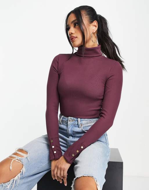 ASOS DESIGN blend roll neck top with button cuff in aubergine