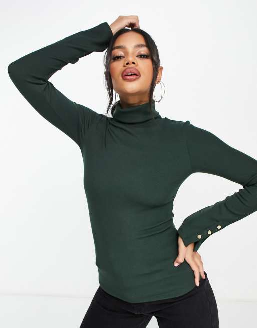 ASOS DESIGN blend roll neck top with button cuff in forest green