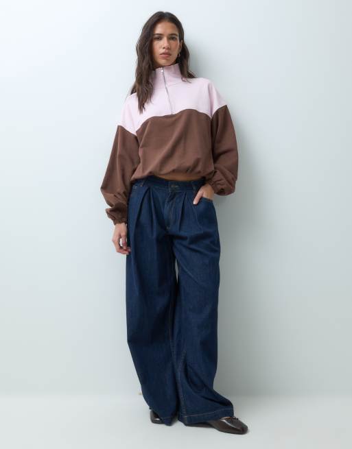 ASOS DESIGN Block color funnel neck sweatshirt pink and choc, 2 of 5