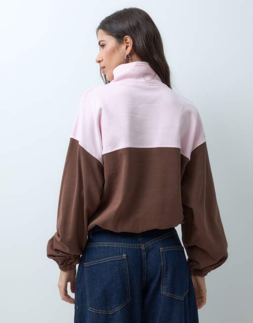 ASOS DESIGN Block color funnel neck sweatshirt pink and choc, 5 of 5