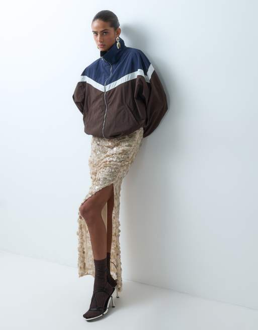 ASOS DESIGN blockfärgad batwing vindjacka i navy och chokladbrun, 2 av 4