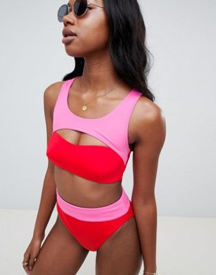 ASOS DESIGN - Blockfärgad bikiniunderdel med hög benskärning och hög midja i rött/rosa-Flerfärgad