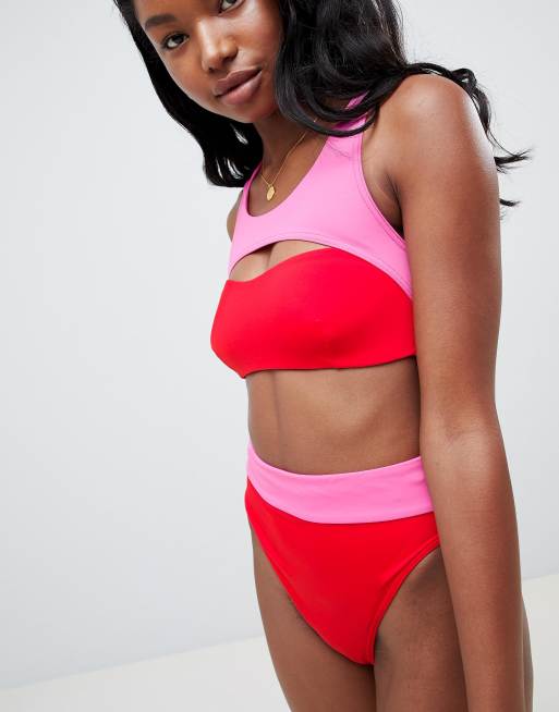 ASOS DESIGN - Blockfärgad bikiniunderdel med hög benskärning och hög midja i rött/rosa, 3 av 4