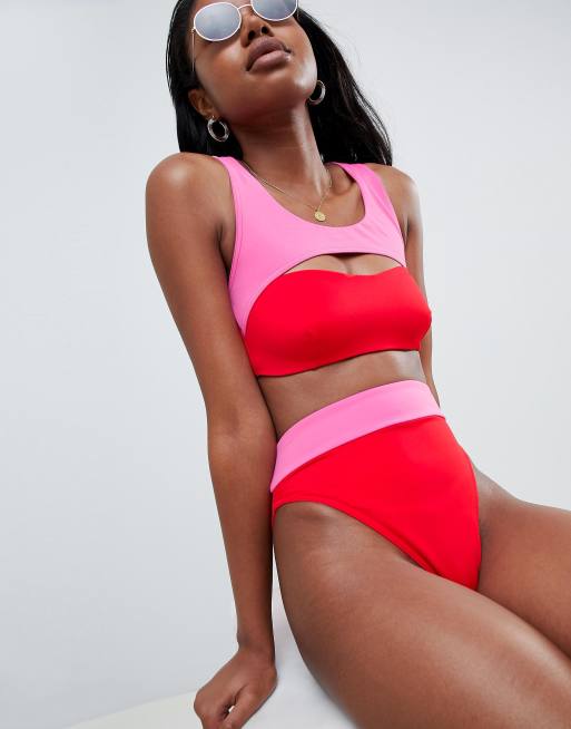 ASOS DESIGN - Blockfärgad bikiniunderdel med hög benskärning och hög midja i rött/rosa, 4 av 4