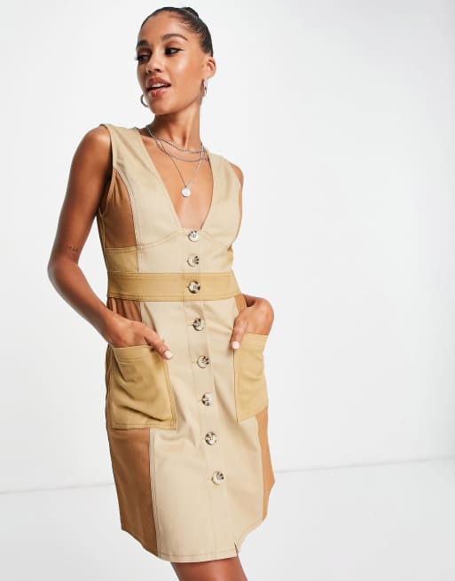 ASOS DESIGN – Blockfärgad, kort twillklänning i 70-talsstil med knäppning 