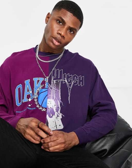 ASOS DESIGN – Blockfärgad, långärmad t-shirt i oversize med kluvet tryck 