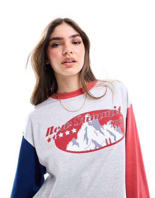 ASOS DESIGN – Blockfärgad, långärmad topp med bergs-tryck