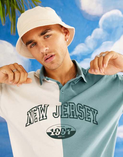 ASOS DESIGN – Blockfärgad pikétröja i oversize med tvådelad design och New Jersey-tryck , 3 av 4