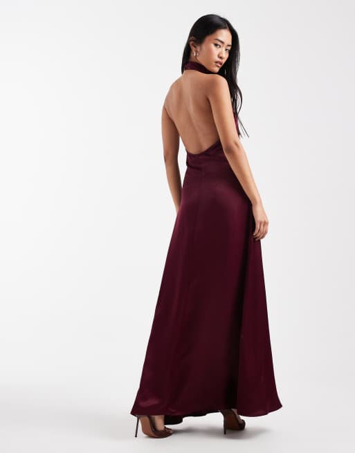 ASOS DESIGN - Blommalilla maxikjole i satin med halterneck og lav rygudskæring, 2 af 4