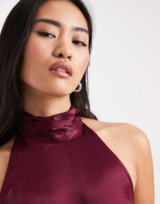 ASOS DESIGN - Blommalilla maxikjole i satin med halterneck og lav rygudskæring, 4 af 4