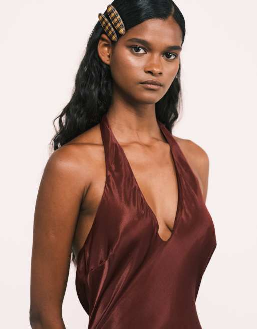 ASOS DESIGN - Blommefarvet maxikjole med halterneck og skråsnit i satin, 3 af 4