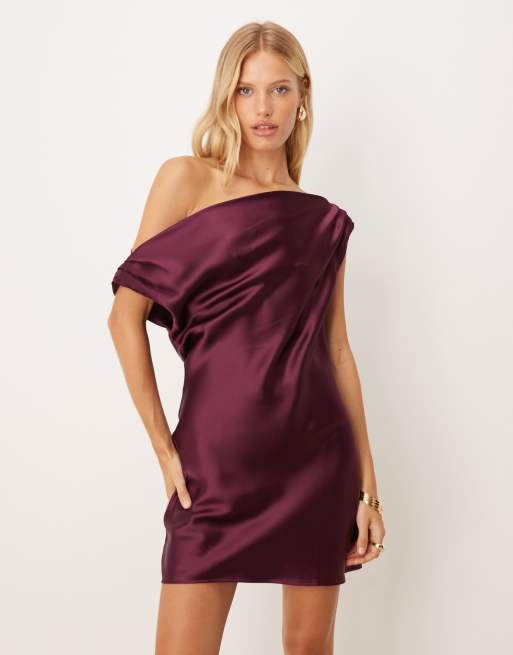 ASOS DESIGN - Blommefarvet minikjole med oneshoulder-snit og draperinger i satin, 4 af 4
