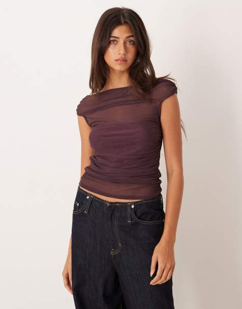 ASOS DESIGN - Blommefarvet offshoulder-top med korte ærmer og rynker i mesh - view 1