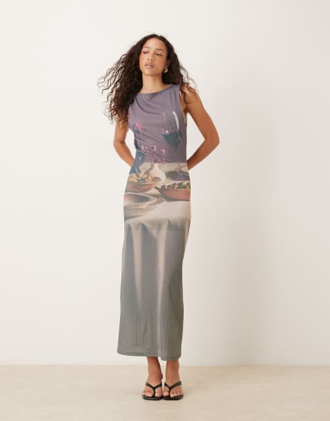 ASOS DESIGN - Blommefarvet, transparent og ribstrikket festkjole med printet grafik - view 1