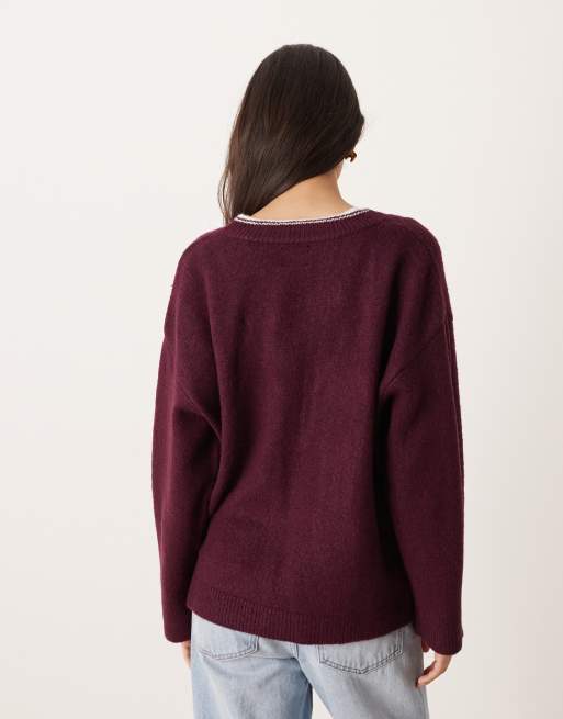 ASOS DESIGN - Blommelilla afslappet striktrøje med V-hals og kontrastkant, 3 af 4