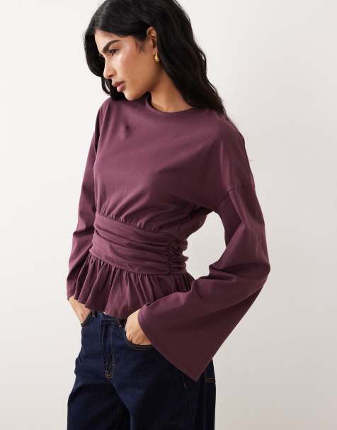 ASOS DESIGN - Blommelilla langærmet top med peplumkant og indsyet talje - view 1