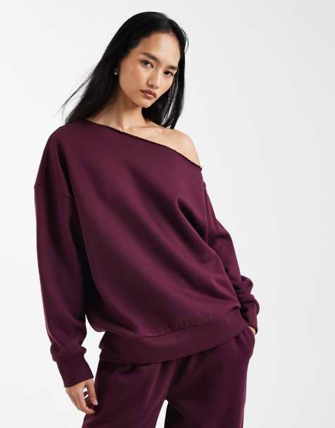 ASOS DESIGN - Blommelilla offshoulder-sweatshirt med børstet inderside - view 1