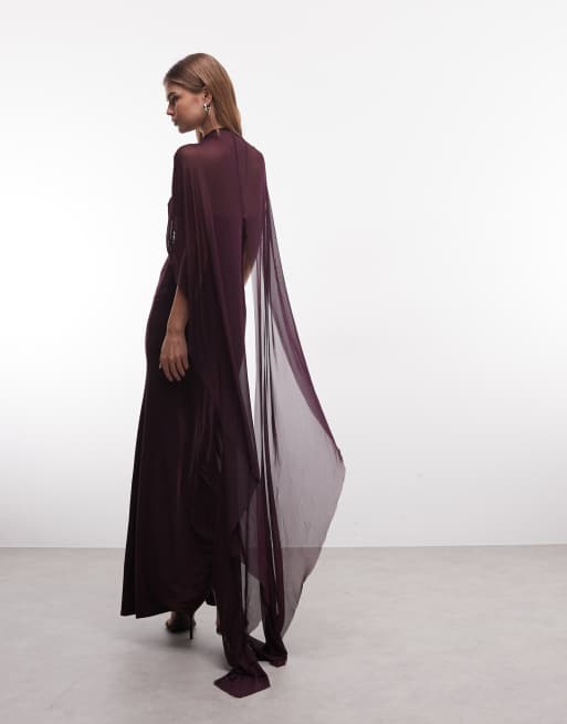 ASOS DESIGN - Blommelilla og højhalset maxikjole med snoet front og kappedetalje i mesh, 2 af 4