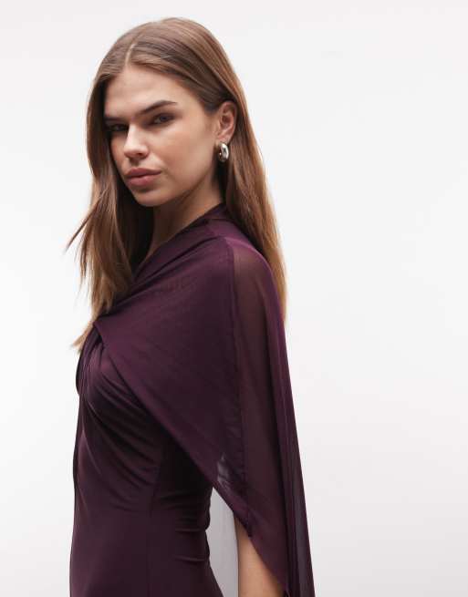 ASOS DESIGN - Blommelilla og højhalset maxikjole med snoet front og kappedetalje i mesh, 3 af 4