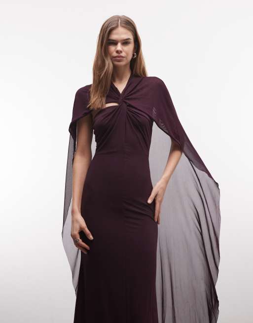ASOS DESIGN - Blommelilla og højhalset maxikjole med snoet front og kappedetalje i mesh, 4 af 4