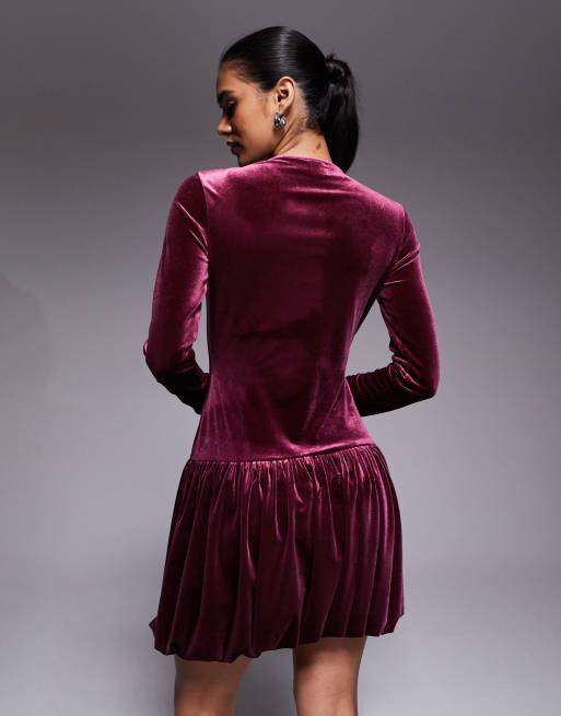 ASOS DESIGN - Blommelilla og langærmet minikjole med boblekant i velour, 3 af 4