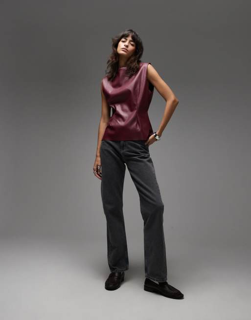 ASOS DESIGN - Blommelilla T-shirt med indsyet talje i PU, 3 af 4