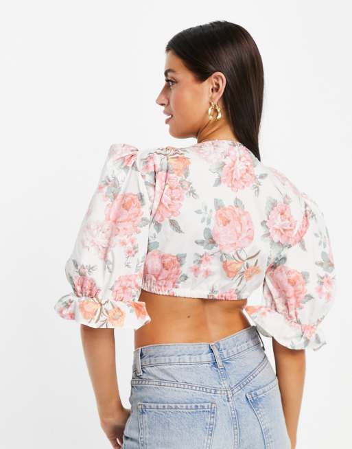 ASOS DESIGN – Blommig crop top i bomull med puffärmar, 3 av 4