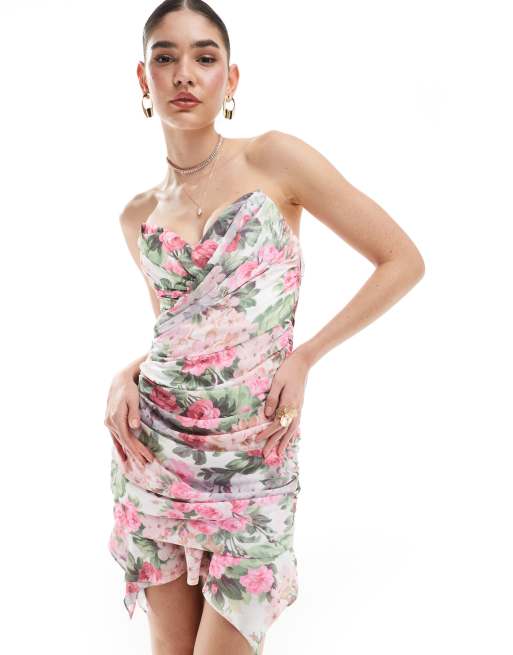 ASOS DESIGN – Blommig, draperad miniklänning i strukturerad bandeau-modell