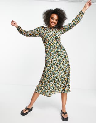 ASOS DESIGN u2013 Blommig färgglad midiklänning med lång ärm och öppen rygg