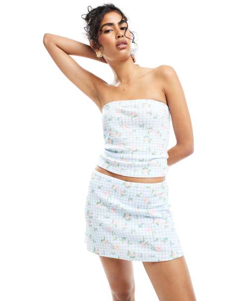 ASOS DESIGN – Blommig, ginghamrutig minikjol, del av set - view 1