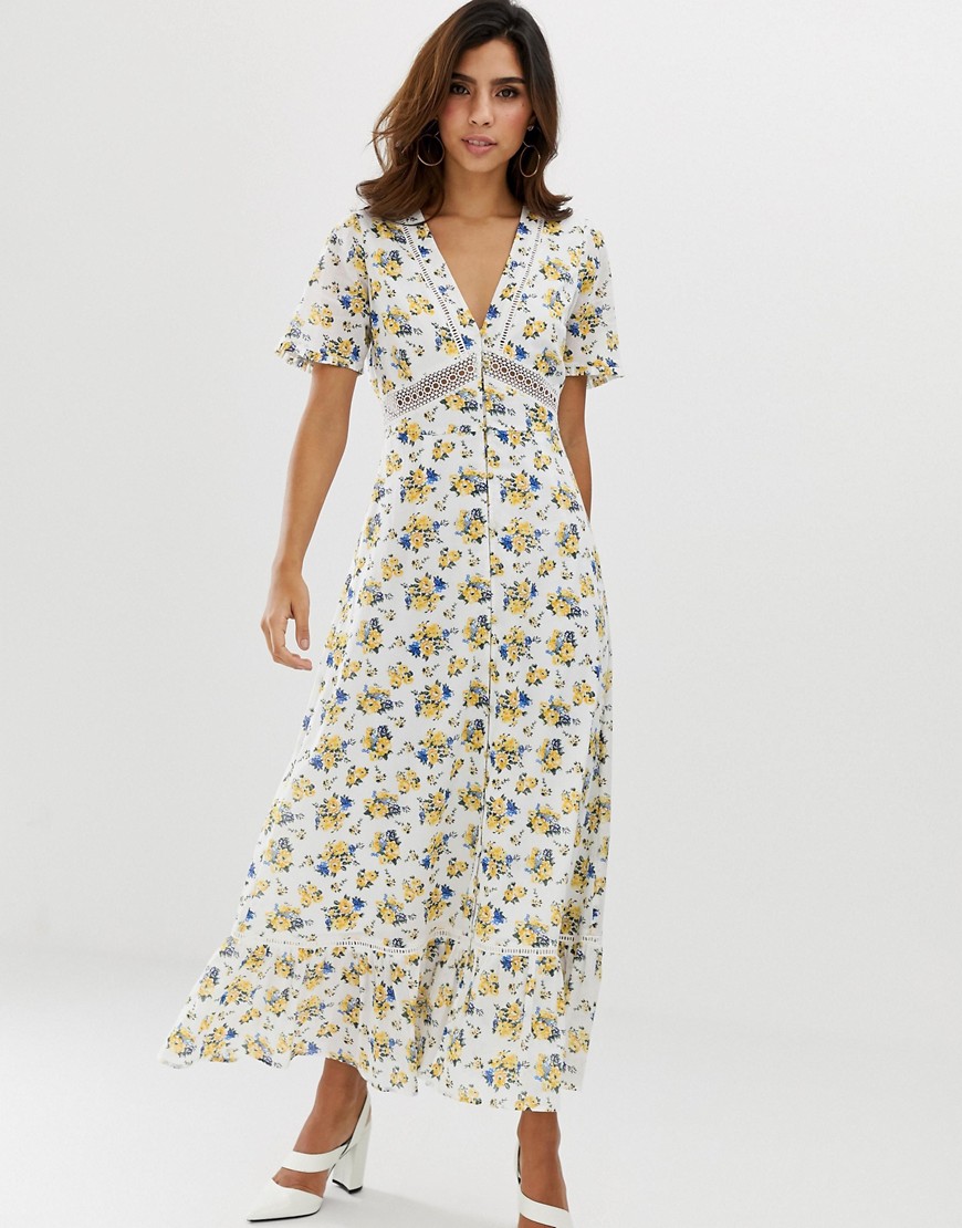 ASOS DESIGN – Blommig, lång tea-klänning med knäppning och spetsdetaljer-Flerfärgad