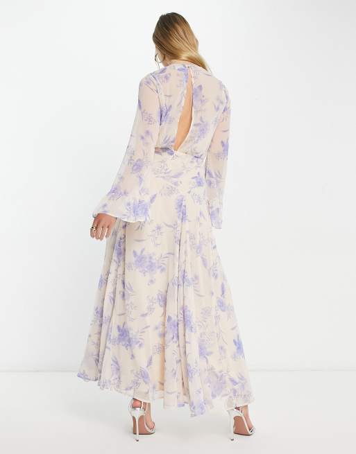ASOS DESIGN – Blommig maxiklänning med långa ärmar och volanger vid manschetterna av chiffong, 2 av 4