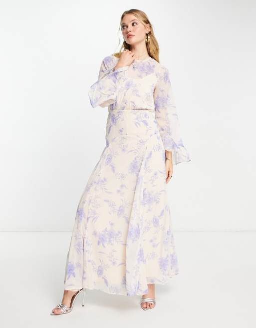 ASOS DESIGN – Blommig maxiklänning med långa ärmar och volanger vid manschetterna av chiffong, 4 av 4