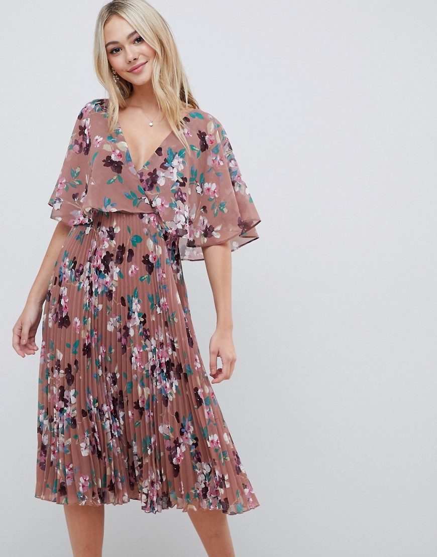 ASOS DESIGN – Blommig midiklänning med utsvängd ärm och plisserad kjol-Flerfärgad