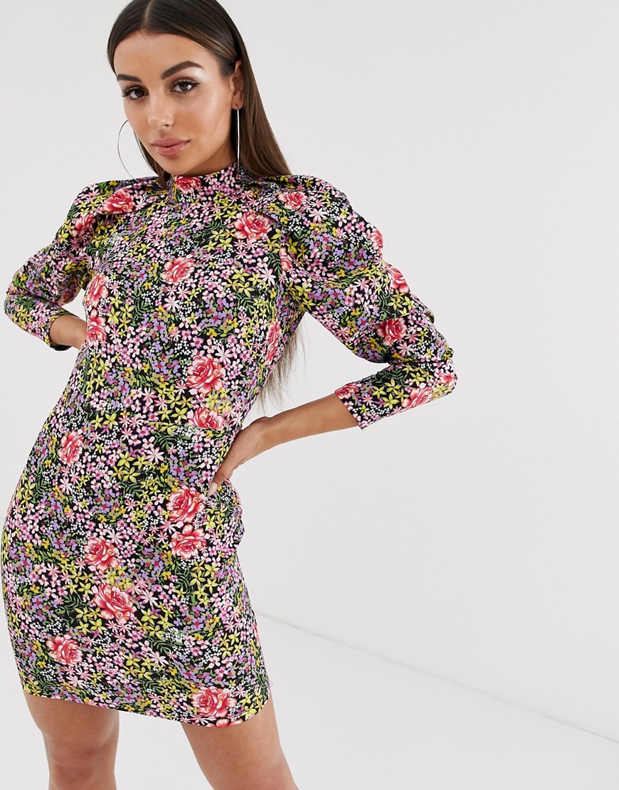 ASOS DESIGN – Blommig miniklänning med stor puffärm-Flerfärgad