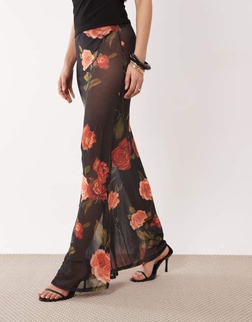 ASOS DESIGN – Blommig, mönstrad och skir maxikjol i mesh, 2 av 5