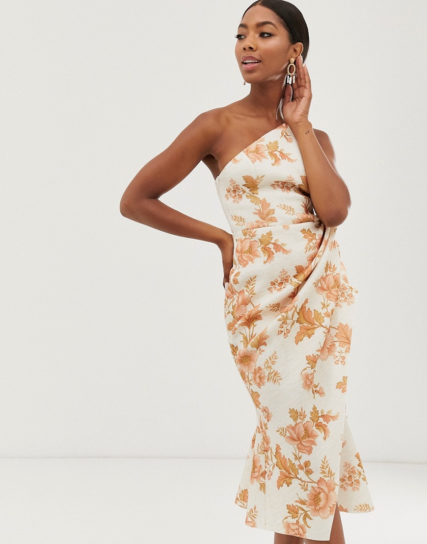 ASOS DESIGN – Blommig och kort one shoulder-klänning i midilängd med veckad detalj-Flerfärgad