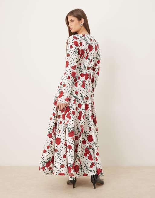 ASOS DESIGN – Blommig och prickig maxiklänning med rak halsringning och vid kjol, 2 av 4