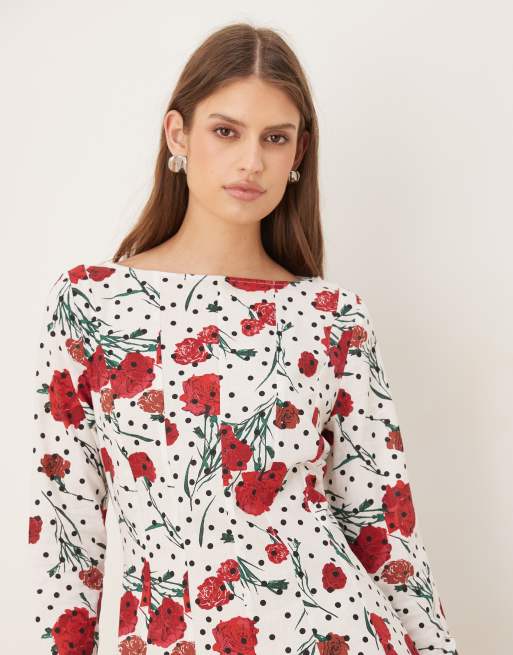 ASOS DESIGN – Blommig och prickig maxiklänning med rak halsringning och vid kjol, 3 av 4