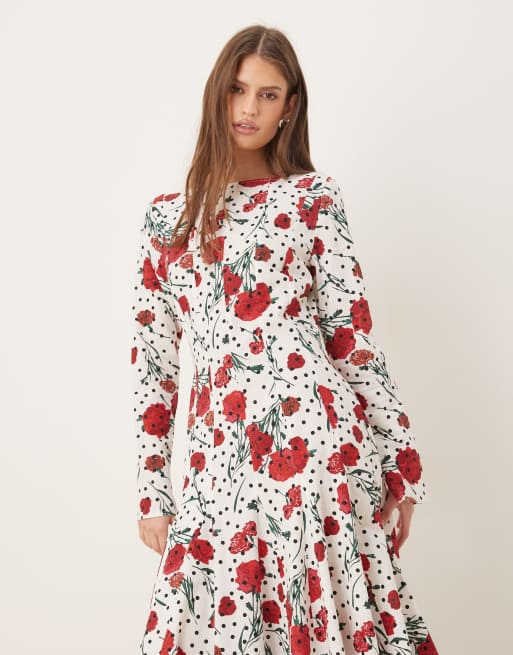 ASOS DESIGN – Blommig och prickig maxiklänning med rak halsringning och vid kjol, 4 av 4