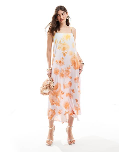 ASOS DESIGN – Blommig, ombréfärgad, midilång slipklänning i krossad satin - view 1