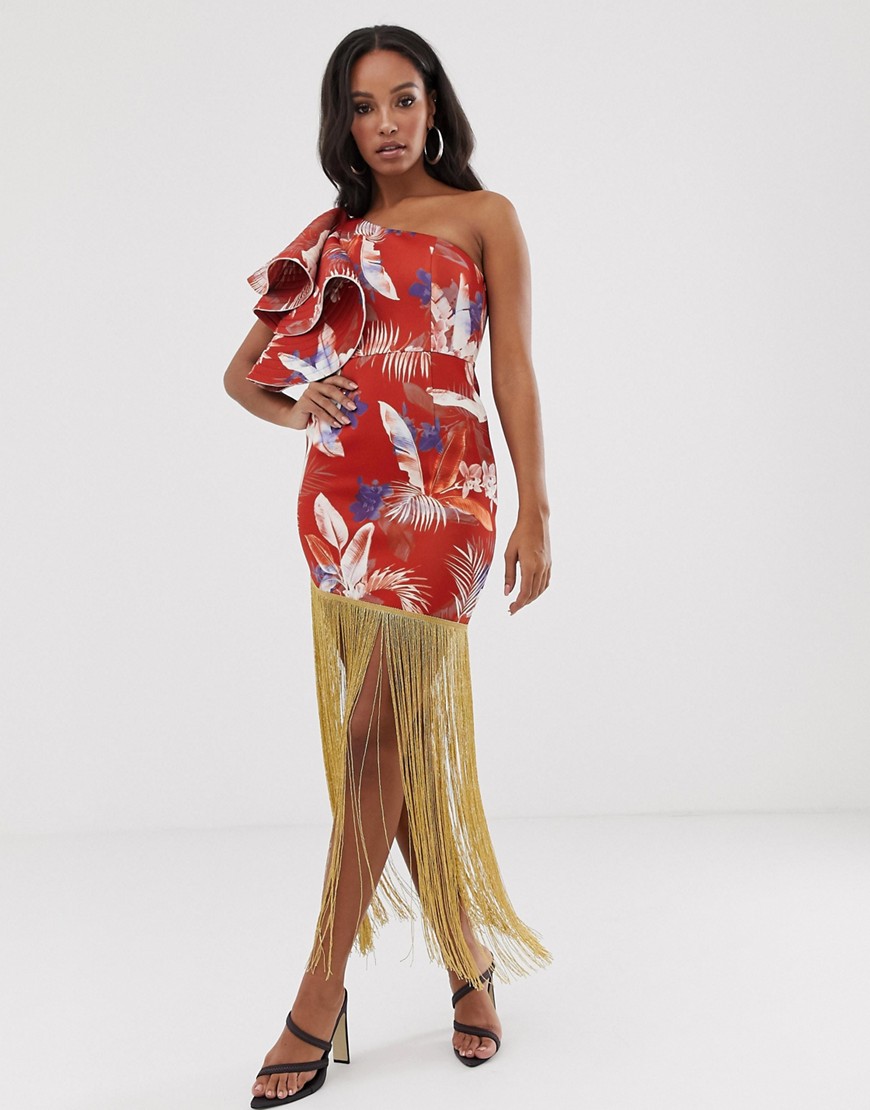 ASOS DESIGN – Blommig one shoulder-klänning i midilängd med quiltad volang och guldfärgad fransfåll-Flerfärgad