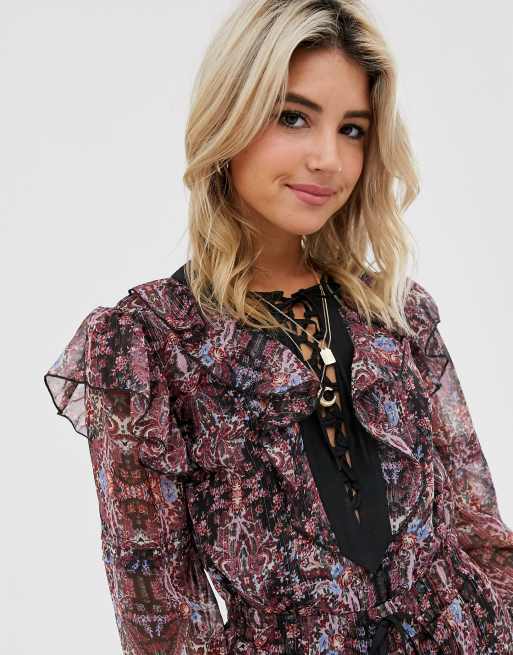 ASOS DESIGN – Blommig playsuit med volanger och knytband i chiffong, 3 av 4