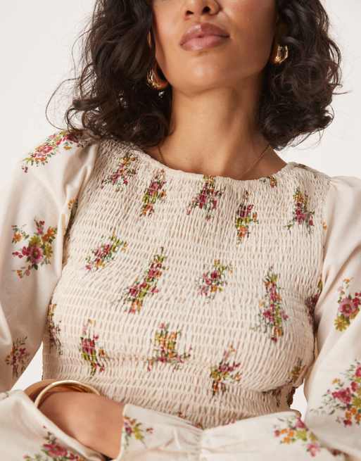 ASOS DESIGN – Blommig, smockad blus i bomull, 2 av 4