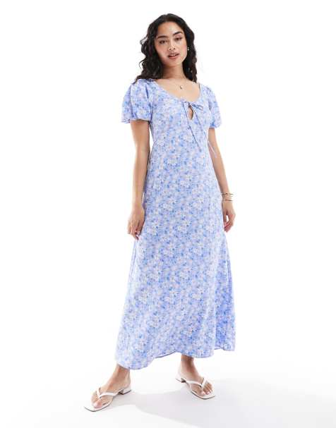 ASOS DESIGN – Blommig tea-klänning i midilängd med puffärm - view 1
