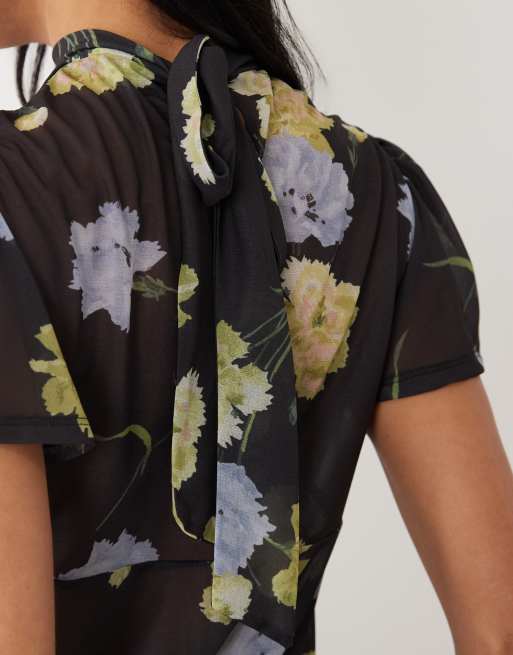 ASOS DESIGN – Blommig topp i mesh med volym, utsvängda ärmar och knytning baktill, 3 av 4