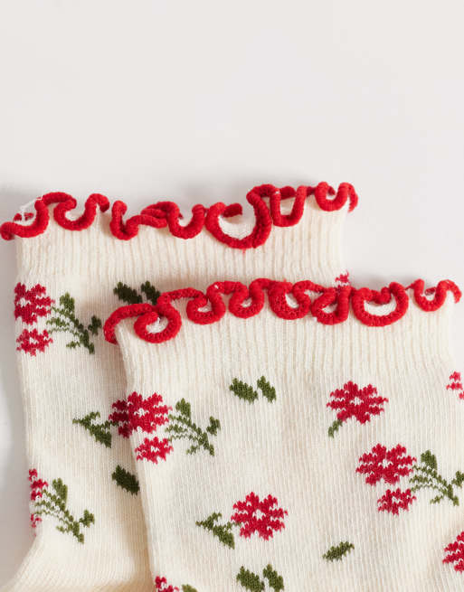 ASOS DESIGN – Blommiga ankelstrumpor med röd kant, 2 av 3