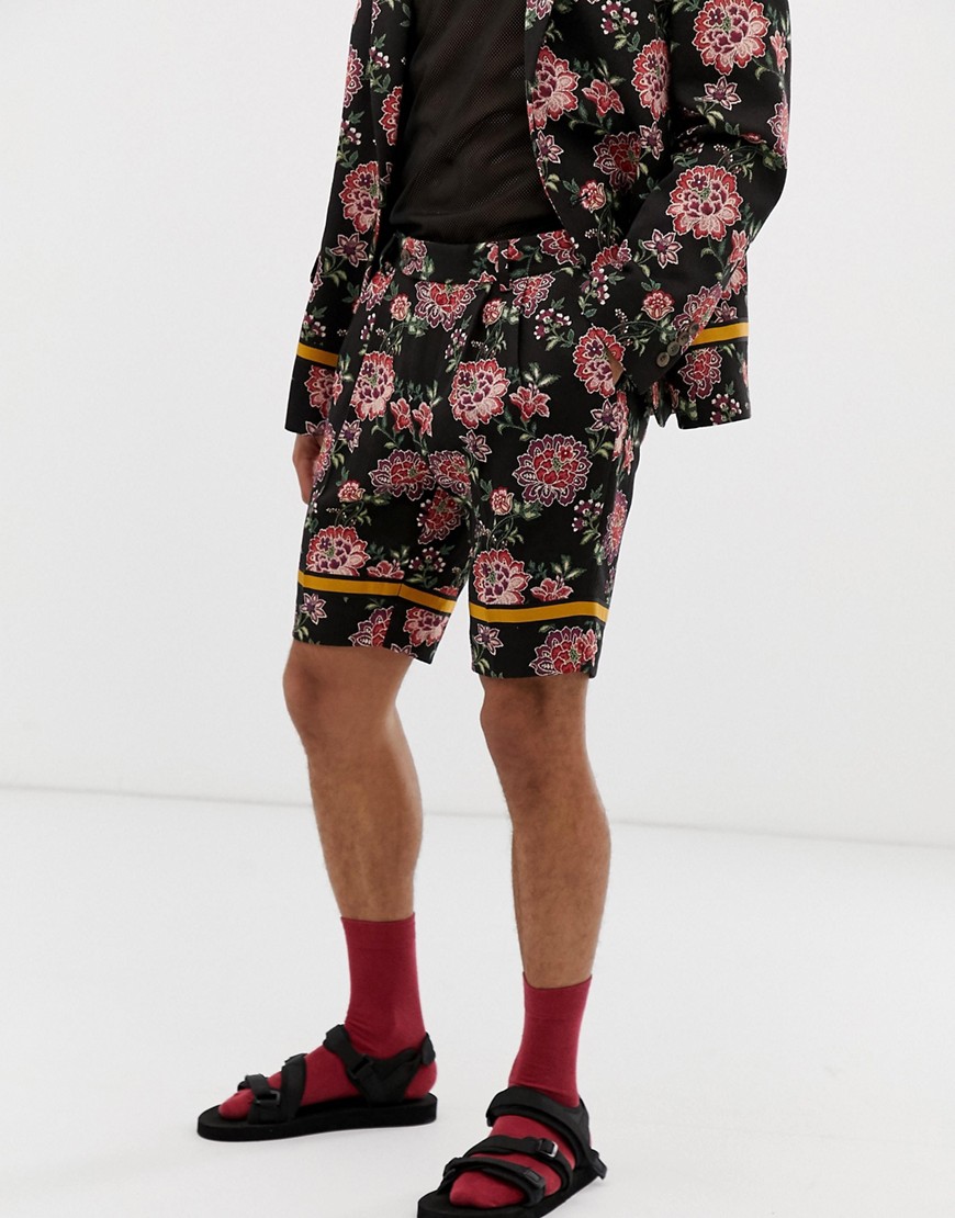 ASOS DESIGN – Blommiga kostymshorts i jacquard med smal passform och kantband-Svart