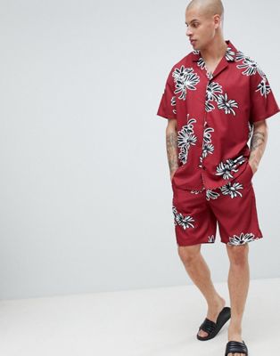 ASOS DESIGN – Blommigt pyjamasset i silkeslent material-Röd