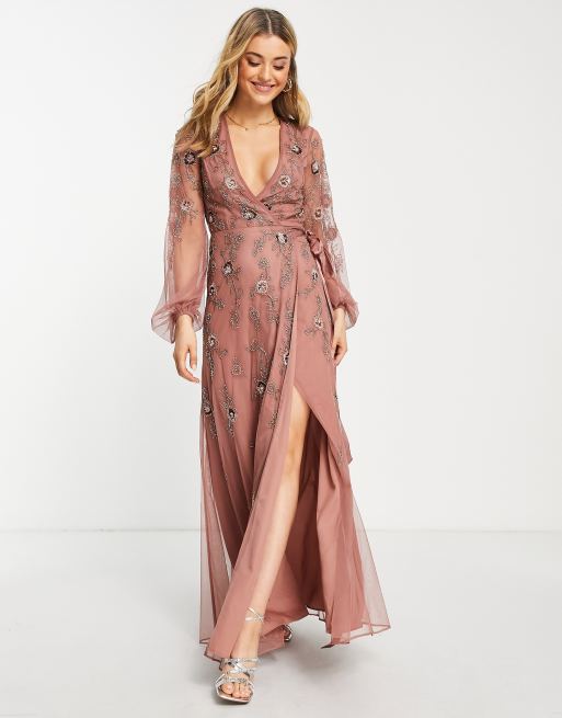 ASOS DESIGN – Blommigt utsmyckad maxiklänning i omlottdesign med blusärmar och rosett i midjan